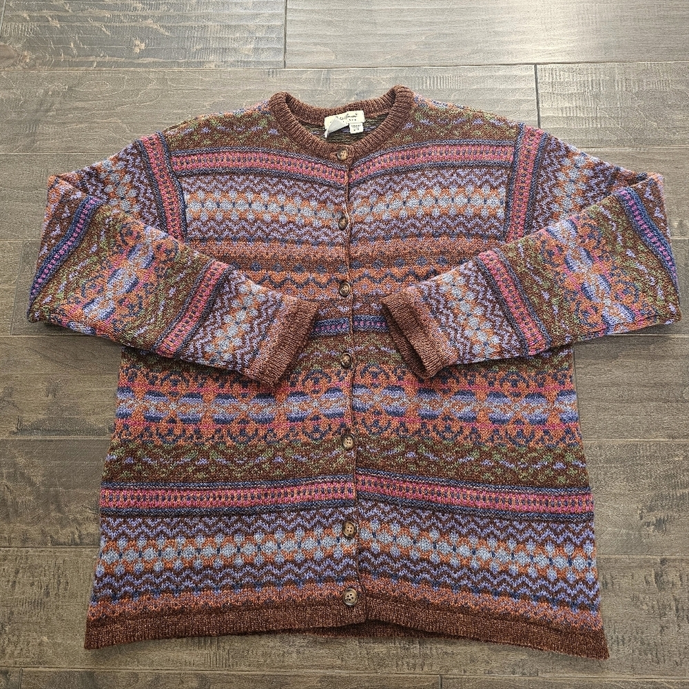 Beautiful & Vibrant Eddie Bauer Fair Isle 100% Pure Wool Cardigan Sweater Sz Lg